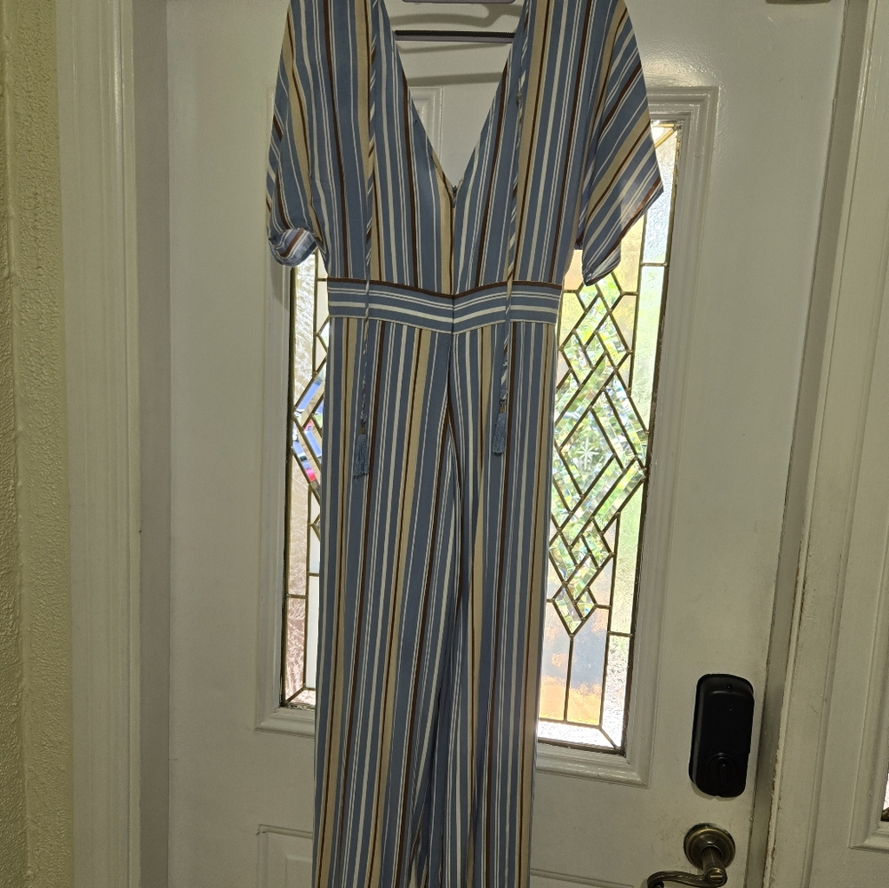 Lulu's Vacation Bae Brown/Blue/Wht Striped Jumpsuit Romper Sm. - Picture 3 of 7